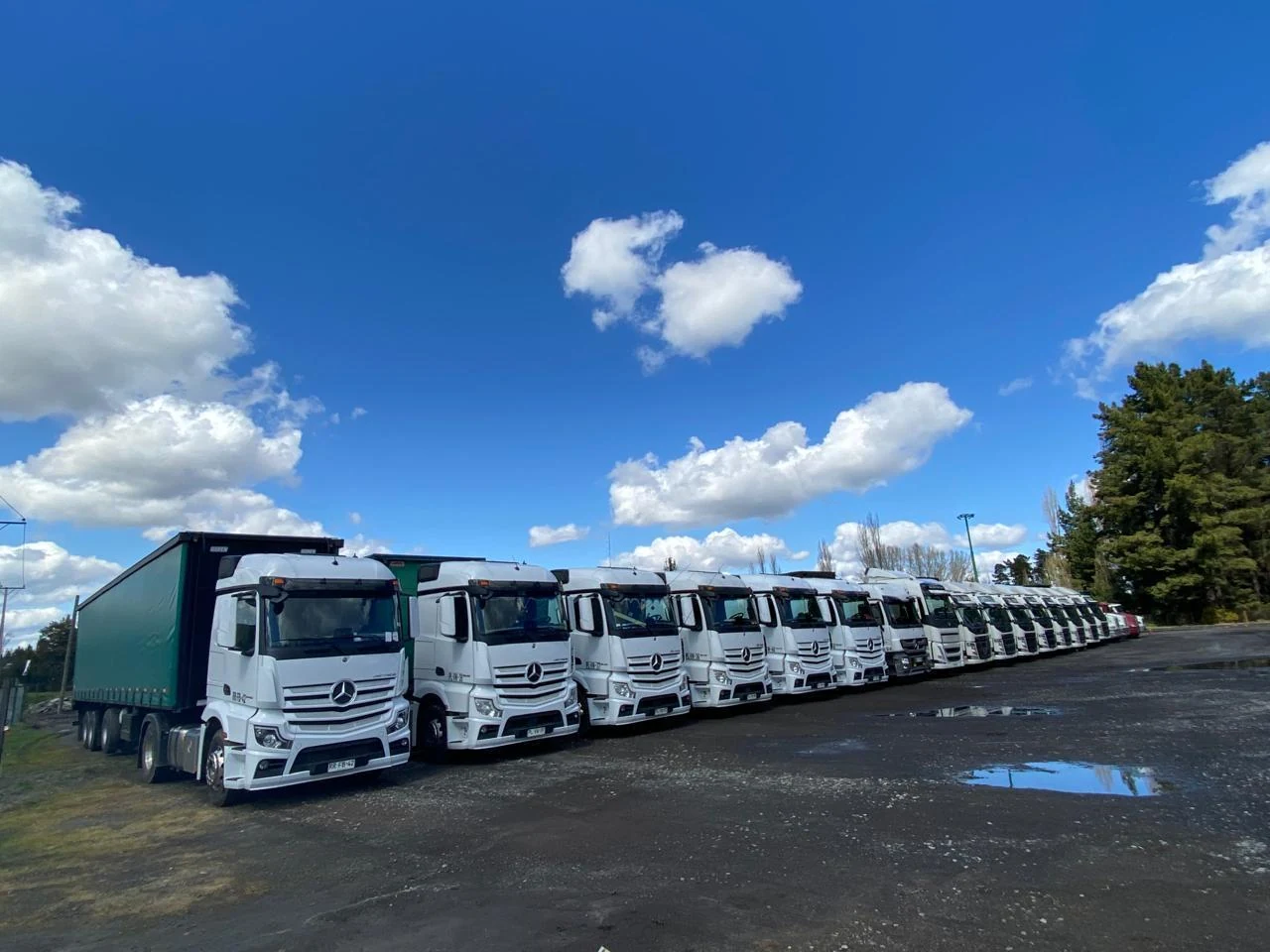 Flota real de camiones TRANSGASA alineados en sus instalaciones